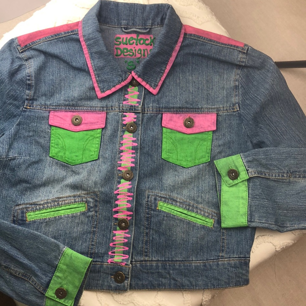 NWOT Jean Jacket Coat Hand Designed, Size Small, pink, chartreuse washable